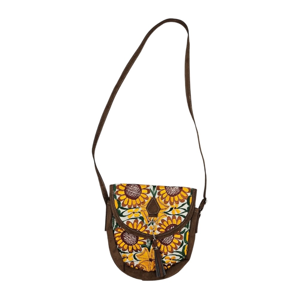 Embroidered Suede Crossbody Bag Purse Handbag Hippie Boho Sunflower Handmade